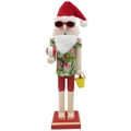 Detail of wooden Hawaiian Santa nutcracker with beach ball, bucket and tropical floral shirt - Santa Hat Beach Ball Yellow Bucket Style (Walnut-049)