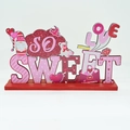 Detail view of wooden LOVE and SO SWEET tabletop decor with gnomes and teddy bear - SO SWEET Gnome Style (QR-23011)