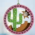 Round wooden desert style wall hanging with green cactus and bohemian patterns - Cactus