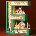 Detailed close-up of LED wooden letter E featuring a warm lit winter village scenery - Letter E