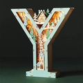 Detailed close-up of warm LED lighted letter Y wooden Christmas scene with reindeer - Letter Y