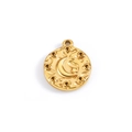 Golden stainless steel round pendant featuring celestial moon star relief and DIY settings - 18K Gold Plated Moon Pendant (A2169)