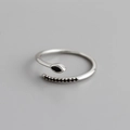 Macro view of adjustable S925 sterling silver ring with marquise-cut black zircon stones - Adjustable Open / Platinum with Black Stone