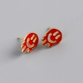 Macro detail of melt smile face stud earrings with red enamel and gold plating - 925 Silver / Red (Gold)