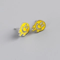 Detailed close-up of S925 silver melting smiley face stud earrings with yellow enamel - 925 Silver / Yellow (Platinum)