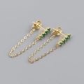Macro shot of gold s925 silver stud earrings with green zircon chain tassel detail - 925 Silver / Emerald Green (Gold)