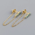 Detail view of S925 sterling silver tassel earrings with gold plating and blue stones - 925 Silver / Turquoise (Gold)