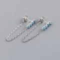 Detailed close-up of S925 sterling silver earrings with turquoise stones and fringe chain - 925 Silver / Turquoise (Platinum Plated)