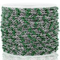 Macro shot of silver stainless steel chain with green enamel beads on a white spool - 1.7mm / Green