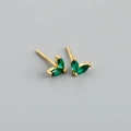 Close-up of leaf-shaped S925 silver earrings with green marquise zircon in gold finish - Green (Gold)