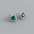 Close-up of square emerald green halo stud earrings in S925 sterling silver - Emerald Green (Silver)