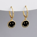 Detailed view of S925 sterling silver stamp on golden smiley face enamel earrings - Black Zirconia (Gold)