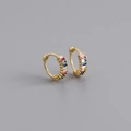Close-up of gold hoop earrings featuring multi-color rectangular-cut rainbow zircons - 925 Silver / Mixed Color (Gold)