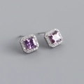 Macro detail of square purple zircon earrings with halo setting in S925 sterling silver - Amethyst Purple (Silver)
