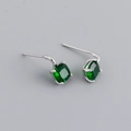 Detail view of square emerald green zircon earrings with S925 silver four-prong setting - Emerald Green (Silver)