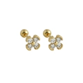 Detailed close-up of golden flower stud earrings with zircon petals and screw back ball - 925 Silver / Gold (White Stone)