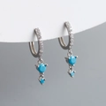 Close-up of S925 sterling silver hoop earrings with blue stones and zircon accents - 925 Silver / Turquoise (Silver Tone)