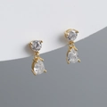 Macro view of gold-plated pear-cut cubic zirconia drop earrings with claw setting - Clear White (Gold)