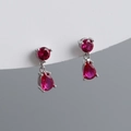 Detail showing S925 silver earrings with pear-shaped red zircon and round accent stones - Rose Red (Silver Plated)