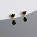 Detailed close-up of pear-shaped black zircon drop earrings in gold-plated claw setting - Black Zirconia (Gold)