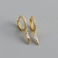 Detail of gold-plated silver hoops featuring marquise zircon and sharp cone pendants - 925 Silver / White Zircon (Gold Color)