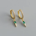 Macro shot of gold hoop earrings with white zircons and green marquise gemstone drops - 925 Silver / Green Zircon (Gold Color)