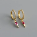 Close-up of gold hoop earrings with white zircon stones and marquise red ruby pendants - 925 Silver / Red Zircon (Gold Color)