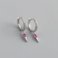 Detailed view of S925 sterling silver hoop earrings with zircon and pink marquise stone - 925 Silver / Red Zirconia (White Gold Color)