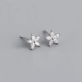 Macro detail of S925 silver flower stud earrings with marquise-cut zircon petals - 925 Silver / Clear White (Silver)