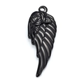 Polished black stainless steel wing pendant featuring a 3D rose flower decoration - 35x13mm / Black