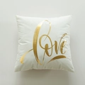 White modern throw pillow cover with gold foil LOVE calligraphy lettering and glossy texture - Style 4