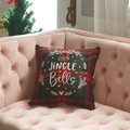 Christmas cushion cover with red green plaid and Jingle Bells print on a pink sofa - 45x45cm (With 500g Core) / Christmas Bells Pattern (2)