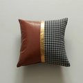 Modern minimalist pillow cover with brown faux leather and black-white houndstooth fabric - Triple Splicing (Style 7)