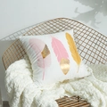White square cushion cover with three colorful feathers and rose gold glitter details - Three Feathers