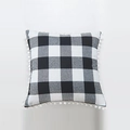 Square buffalo check pillow cover with white pompom fringe on a white background - 45x45 (With 500g Core) / Black And White Gingham With White Pom-poms