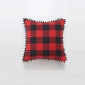 Square red and black buffalo plaid pillow cover with decorative black pom-pom trim - 45x45 (With 500g Core) / Red Black Grid Black Ball