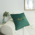 Coussin carré en velours vert foncé avec broderie dorée 'love your life' pour décor - Avec noyau élastique / Vert Émeraude