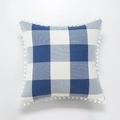 Federa in lino a quadretti blu e bianchi con bordi decorativi di pompon bianchi - Solo Federa / Gingham Blu Scuro Con Pompon Bianchi