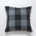 Plaid linen pillowcase with black pom-poms featuring grey and black checkered patterns - Pillowcase Only / Black And Gray Gingham With Black Pom-poms