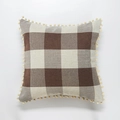 Linen checkered square pillowcase with brown gingham pattern and pom-pom trim - Pillowcase Only / Coffee Gingham With Camel Pom-poms