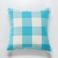 Sky blue gingham linen pillowcase with decorative pom-pom trim on edges - Pillowcase Only / Blue And White Gingham With Blue Pom-poms