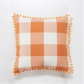 Square orange and white gingham throw pillow cover with decorative pom-pom fringe edges - Pillowcase Only / Orange Gingham With Orange Pom-poms
