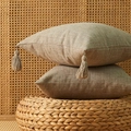 Set of two beige linen cotton pillow covers with decorative tassels for sofa decor - 45x45cm (With 400g Non-woven Cotton Core) / Khaki with Tassels