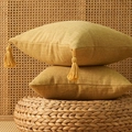 Square ginger yellow cotton linen pillow cover with tassels on woven stool - 45x45cm (With 400g Non-woven Cotton Core) / Yellow with Tassels