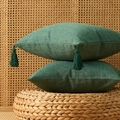 Dark green linen-textured pillowcase set with corner tassels in a bohemian home setting - 45x45cm (With 400g Non-woven Cotton Core) / Green with Tassel