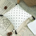 Bohemian white canvas square pillow cover with black X print and corner tassels - Tassel Style (No Core) / Plus Sign