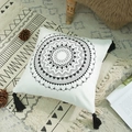 Square boho cotton canvas pillowcase with black mandala print and tassels on white base - Tassel Style (No Core) / Round Mandala