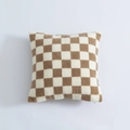 Brown and beige checkerboard sherpa pillow cover made of soft faux fur fabric - Camel