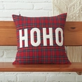 Christmas red plaid pillow cover with white HOHO plush embroidery on a wooden bench - As Shown / HOHO Red & Green Plaid (45x45)