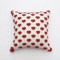 Plush cream throw pillow cover with red 3D hearts and pom-poms on the corners - Without Core / 18x18 Inch